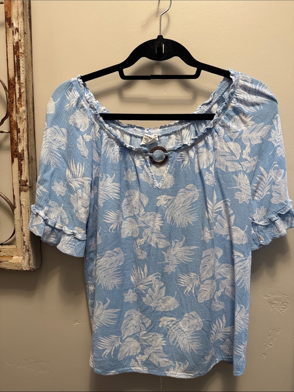 Sky Blue Floral Off-Shoulder Blouse with Ring Detail